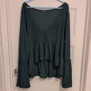 SHEIN Curve Dark Green Waffle Knit Peplum Top Bell Sleeve 3XL